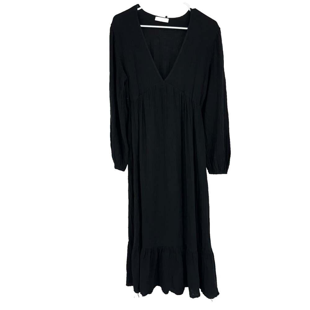 Stark X Women S Gauze Midi Dress Relaxed Fit Black V Neck Long Sleeve Bohemian